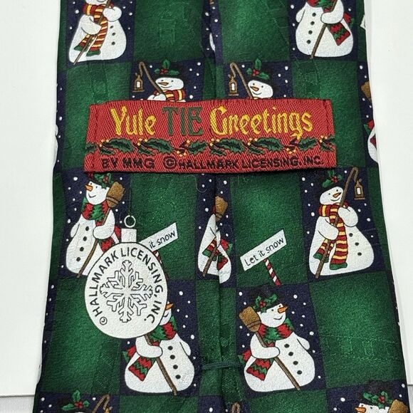 Yule Tie Greetings Hallmark Green Snowmen Holiday Necktie Christmas Vintage 62" - Picture 3 of 6